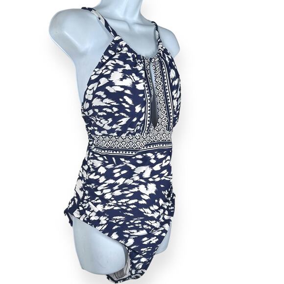 LA BLANCA Changing Tides Mio Swimsuit One Piece High Neck Keyhole Navy Blue 16 - Picture 5 of 13